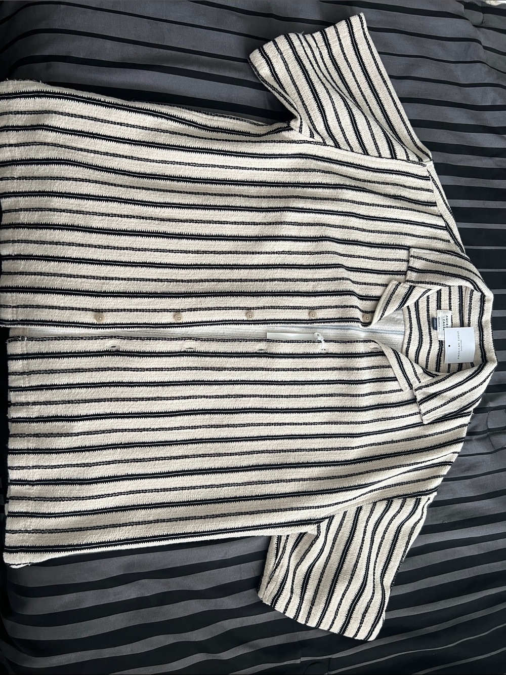 Men's Short Sleeve Button Down - Cream with Black Stripes